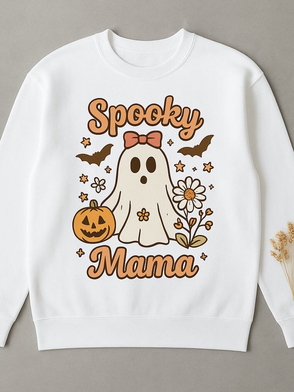 Spooky Mama Halloween Ghost Crewneck Sweatshirt, Cute Ghost Pumpkin Fall Pullove